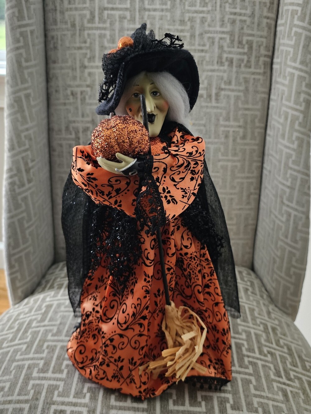 New Vintage Style Halloween Witch Tree Topper Tabletop Figurine 18" Orange Black